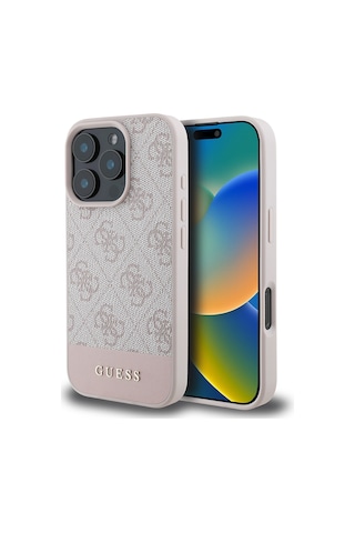 Apple Uyumlu iPhone 16 Pro Kılıf Guess Lisanslı Pu Deri Şerit Logo Dizaynlı Kapak Pembe