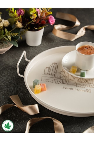 Lin Metal 24cm Yuvarlak Tel Kulplu Tepsi Kaktüs Baskılı - Krem