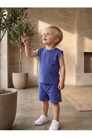Zekids Erkek Bebek Pamuklu Kolsuz T-shirt Şortlu Takım-17335 Mavi