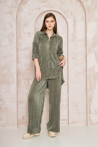 Kadın Pliseli Beli Lastikli Pantolon Tunik Gömlek Ikili Bürümcük Salaş Takım 3573300 Haki