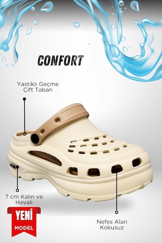 Sermoda Yüksek Çift Taban Taşlı Deniz Havuz Sabo Doktor Hemşire Hastane Comfort Günlük Kadın Terlik Ekru