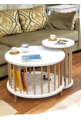İkili Set Yuvarlak Orta Sehpa Ahşap Ayaklı Sehpa Iki Raflı Sehpa Dekoratif Sehpa Gazetelikli Beyaz - Beyaz