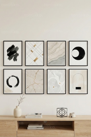 8 Parça Modern Minimal Soyut Dekoratif Çerçeve Görünümlü Tablo Seti - Geometrik Ve Zen Tema