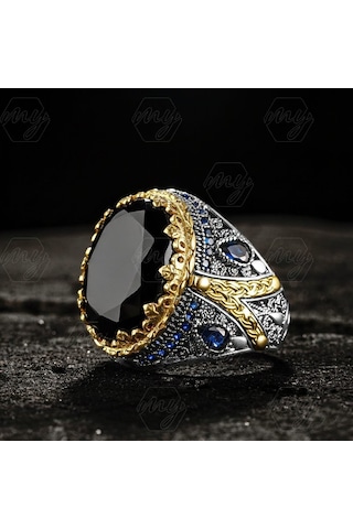 Gümüş Mavi Mikro Oval Siyah Zirkon Taşlı Erkek Yüzük