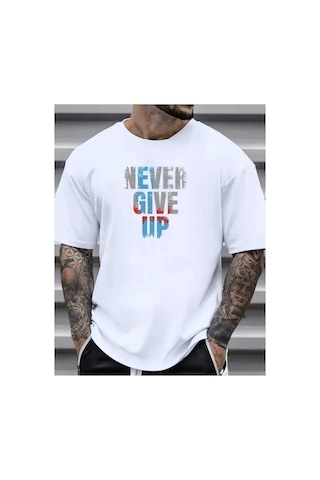 Panda Baskı Tekstil Never Give Up Baskılı Özel Tsarım Oversize Tshirt Beyaz