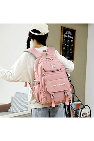 Xiyyadms Pembe Renkli Panda Aksesuarlı Su Geçirmez Kadın Sırt Çantası, 17 İnç Laptop Taşıma Kapasiteli Çok Renkli