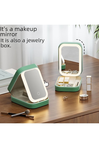 Geeroyoo Led Işıklı 3 Renk Ayarlanabilir Makyaj Aynası - Çekirdekli Makyaj Ve Mücevher Depolama Kutusu, Katlanabilir Tasarım Yeşil, 16.5 11.5 3.5 Cm Yeşil Ayna