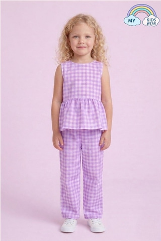 My Kids Wear Kız Çocuk Pötikareli Peplum Bluz Ve Pantolon Takımı 12694 Lila