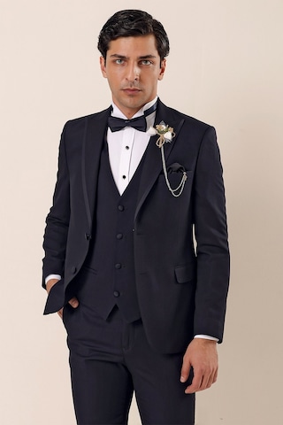 İmza Desenli Çıkarılabilir Kırlangıç Yaka Tam Astar Yelekli 6 Drop Slim Fit Dar Kesim Smokin Damatlık 1001225203-Koyu Lacivert