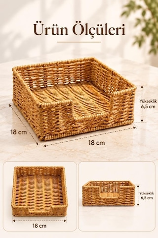 Tr Hasır Rattan Kare Peçetelik 18x18x6.5 Cm - Masa Üstü Kolay Çekme Oyuklu Peçete Sunum Sepeti Genel