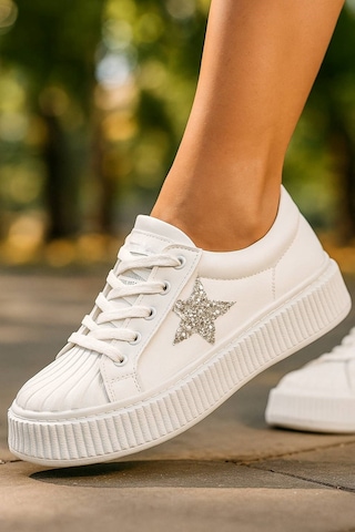 Günlük Kadın Sneaker Bağcıklı Yıldız Detaylı Yüksek Taban Simli Rahat Ayakkabı 7100 Beyaz