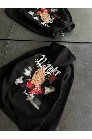 Valensdesign Üç İplik Penye Uzun Kol Kapşonlu Baskılı Sweatshirt - Siyah