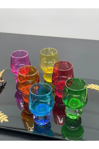 6 Kişilik Cam Elmas Ayaklı Renkli Kahve Yanı Bardağı Bardak 50ml Çok Renkli