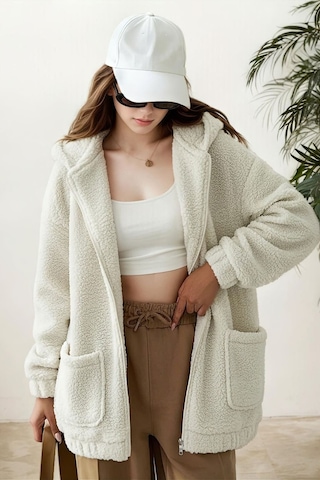 Aclassics Peluş Kuzu Kıvırcık Torba Cepli Kolej Mont Siyah Ks2526 Beyaz