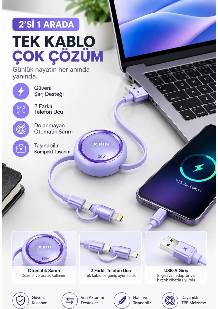 Xkin Makaralı Geri Çekilebilir 2'si 1 Arada Çok Başlıklı Telefon Şarj Kablosu 110 Cm 100w Type-c To Type-c