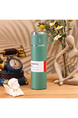 Dekorasyaa Paslanmaz Çelik 3 Bardaklı Termos 500 Ml - Yeşil - Çanta Hediyeli - 12 Saat Sıcak Soğuk Yeşil