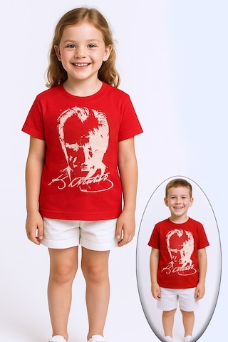 Hçm Çocuk Atatürk Ayyıldız Baskılı Tshirt Kısa Kollu A62 Kırmızı - Beyaz