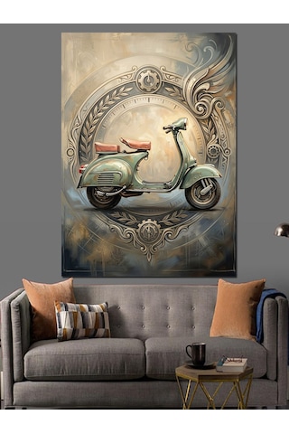 Eski Çerçevede Nostaljik Yeşil Vespa Dekoratif Kanvas - Mdf Ahşap Tablo