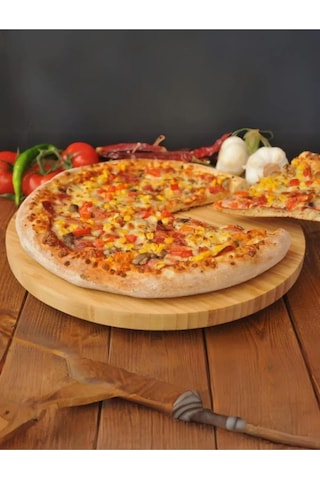 Bambu 360 Derece Dönen Yuvarlak Lüx Servis Sunum Tabağı Pizza Peynir Sunum Tahtası 30 Cm Kahverengi