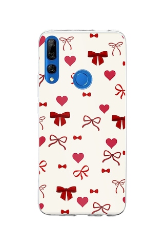 Honor 9x Uyumlu Bordo Kalp Ve Fiyonklar Baskılı Silikon Kılıf