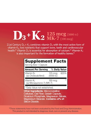 Vitamin D3 125 Mcg Plus K2-mk7 100 Mcg 120 Capsules