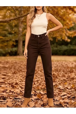 Layal My Beauty Jeannine Kadın Jeans Yüksek Bel Mom Boyfriend Dar Paça Denim Kot Pantolon Kahve