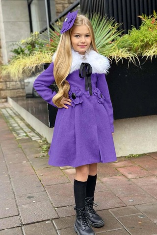 Riccotarz Kız Çocuk Kürk Yakalı Önü Çiçek Ve Elmas Taş Detaylı Mor Kaşe Mor