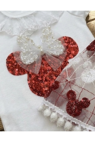 Biçomi Mickey Payet Nakışlı Brode Etekli Kız Bebek Özel Gün Takımı - Kırmızı Kırmızı