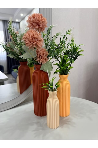 3 Lü Renkli Dekoratif Vazo Seti-şık Ve Estetik -minimalist Vazo Seti-minimal Masa-salon Aksesuarı Kahverengi Krem Şeftali