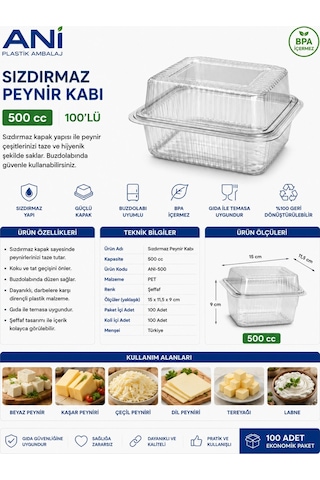 Anı Sızdırmaz Peynir Kabı 500 Cc 100'lü Ölçüleri: 15x11,5x9 Cm