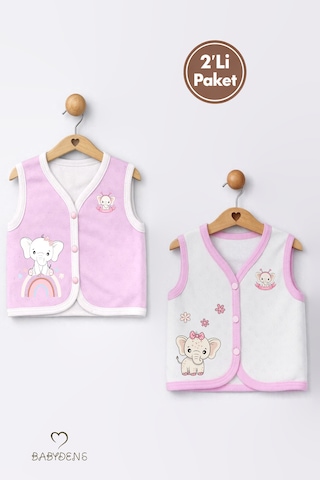 Babyden's 2 Li Kız Bebek Yelek Seti ,jakarlı Kalp Desenli,pamuklu,çıtçıtlı Bebek Yeleği Fil Baskılı,mevsimlik Ekru - Pembe
