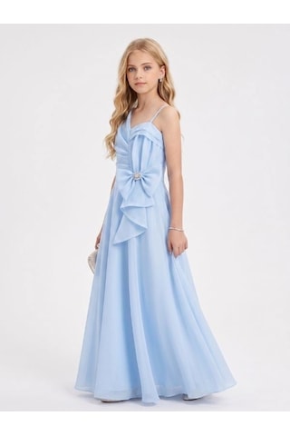 Zekids Kız Çocuk Asimetrik Drape Detaylı Fiyonklu Uzun Abiye Elbise-17327 Mavi