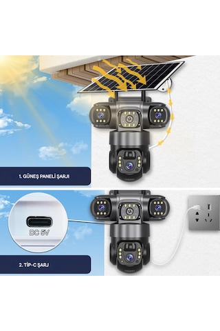 Güneş Enerjili 3 Kameralı Güvenlik 4k Mobil Uygulama İle 3 Kamerayı Kolayca Yönlendirin 3 Ptz