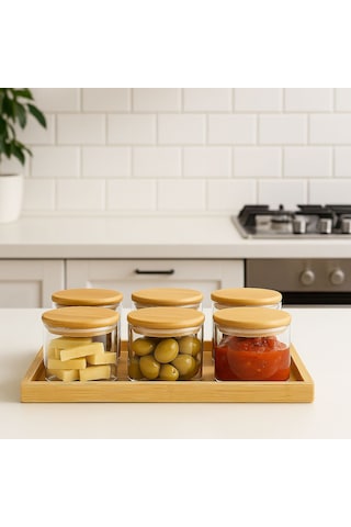 6 Borosilikat Cam Kahvaltılık Bambu Tepsili -bambu Kapaklı Kahvaltilik- 90 X 70 Mm Beyaz