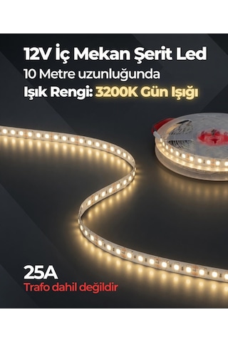 Daha 12v İç Mekan Şerit Led 10 Metre 3200k Gün Işığı Kesilebilir Led Şerit Trafo Hariç 10 Metre Gün Işığı