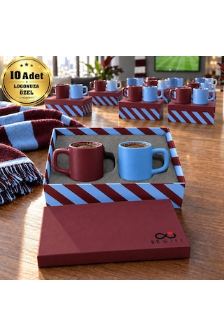 Logonuza Özel 10 Adet Kutulu Bordo Mavi Taraftar Temalı Seramik 2'li Fincan Seti Kurumsal Hediye Çok Renkli