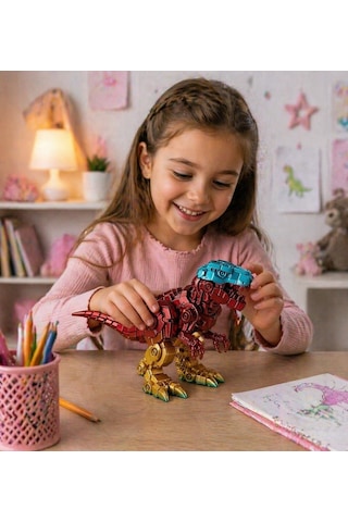 Robotik Görünümlü T-rex Dinozor Figürü Metalik Efektli Plastik Dekoratif Biblo Sabit Model