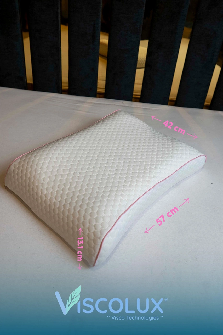 Bombeli Lüx Boyun Destekli Ortopedik Yastık Anti-aging Visco Yastık 57x42x13/11 Pembe