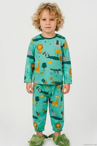 Breeze Erkek Bebek Pijama Takımı Safari Temalı Sevimli Hayvancıklar Desenli 9 Ay-3 Yaş, Yeşil