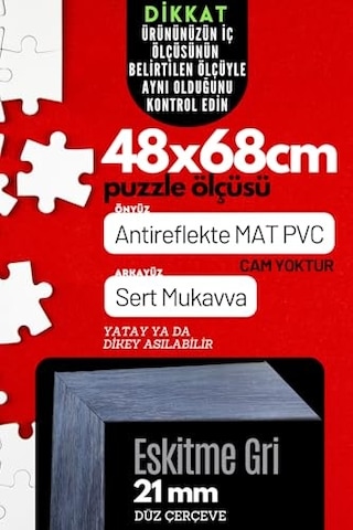 21lik Puzzle Poster Resim Çerçevesi Pvcli Postersiz Resimsiz Çerçeve Eskitme Gri, 48x68
