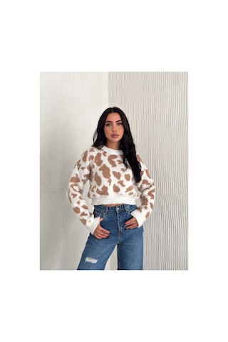Wellway Leopar Desen Triko Crop Model Bisiklet Yaka Kazak Bej Bej