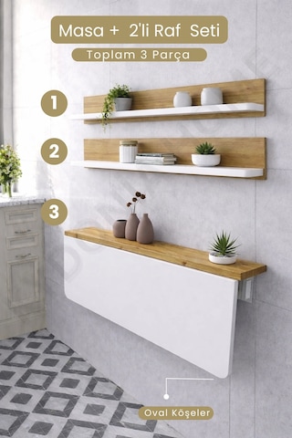 Duvara Monte Katlanır Masa & 2 Li Raf Seti Beyaz Çam 60x110 Cm Beyaz - Çam