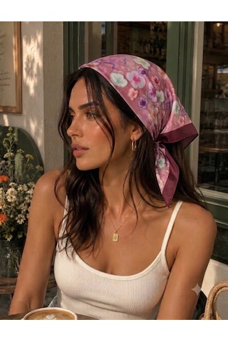 Trend Dokunuş Kadın 50-50 Saten Çiçek Bahçesi Fular Bandana Bordo - Pembe