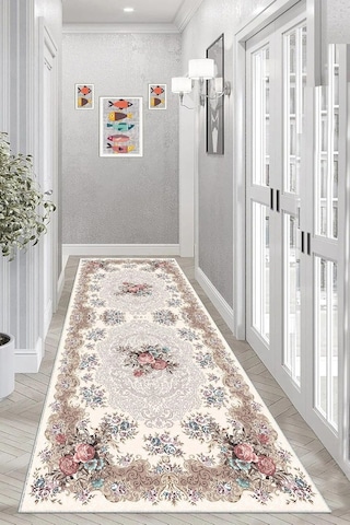 Gül Desenli Dijital Baskı Yıkanabilir Modern Salon Halı Ve Yolluk Bej 60 X 120 9554527601207 Çok Renkli