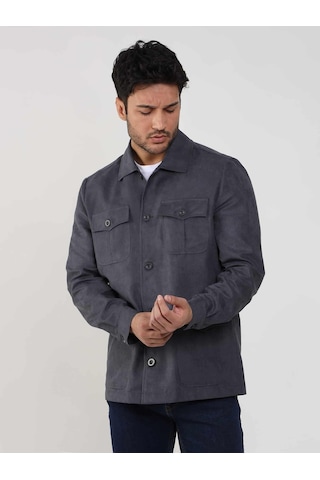 Dufy Gri Erkek Regular Fit Düz Klasik Yaka Süet Mont - 105399-Gri