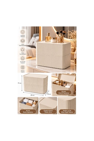 2 Katlı Kapaklı Düzenleyici Krem Renk 24x15x17 Cm Çok Amaçlı Saklama Kutusu Banyo Ve Makyaj Organizeri