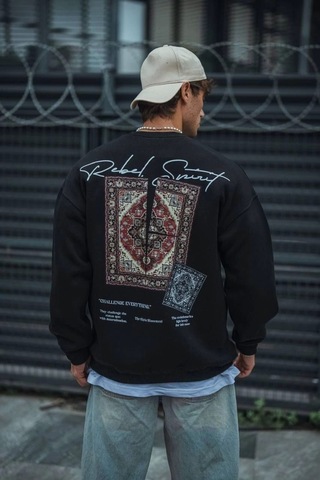 Uzun Kol Bisiklet Yaka Baskılı Sweatshirt - Siyah Siyah