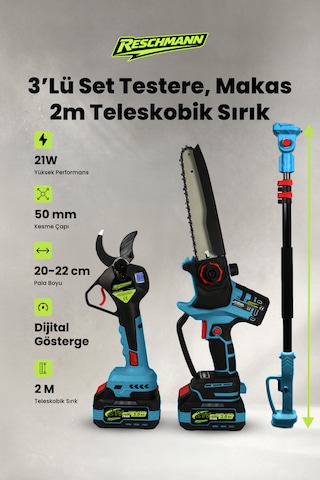 R-9108-9908-sırık 3lü Set Şarjlı Testere Ve Budama Makası Ve 2 Metre Teleskobik Uzatma Kolu 21v - 3.0 Ah - Dijital Göstergeli R-9108-9908-sırık 3lü Set Şarjlı Testere Ve Budama Makası Ve 2 Metre Teleskobik Uzatma Kolu 21v - 3.0 Ah - Dijital Göstergeli