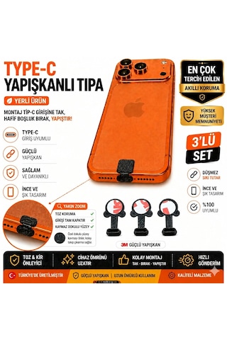 Type-c Yapışkanlı Toz Koruma Tıpası Yonca 3 Lü Set Şarj Girişi Koruyucu Premium