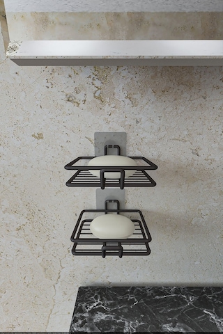 Eva Metal Tasarim Yapışkanlı Banyo Mutfak Lavabo Metal Katı Sabunluk 2'li Set Siyah